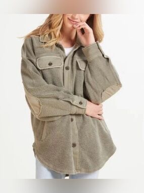 Free People Ruby Cozy Dirty Olive/Tan Button-Up Shacket, Sz M (P2P 23.5”)